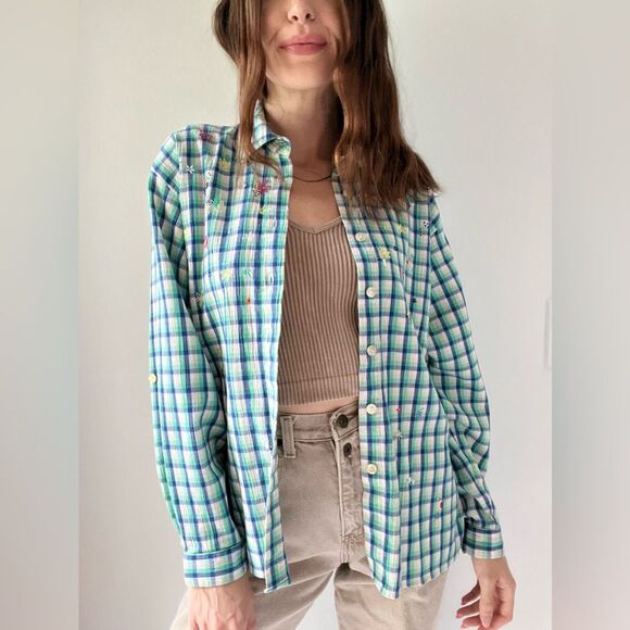 Vintage Plaid Floral Embroidered Button Down Long Sleeve Top Size Large - Picture 10 of 15